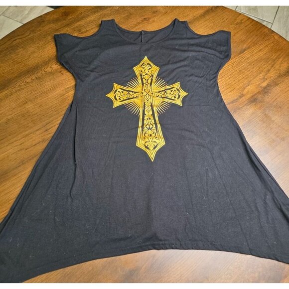 Womens Black Cold Shoulder Tunic Top With Yellow Cross Graphic Design - Picture 2 of 10